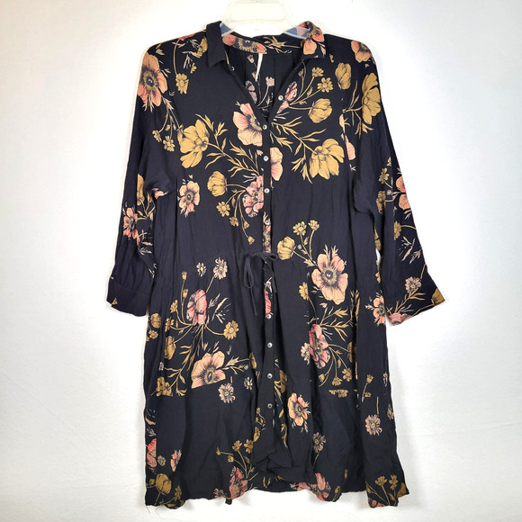 Free People Womens Lena Mini Floral Button Oversized Shirt Dress Size XS Black - Picture 1 of 10
